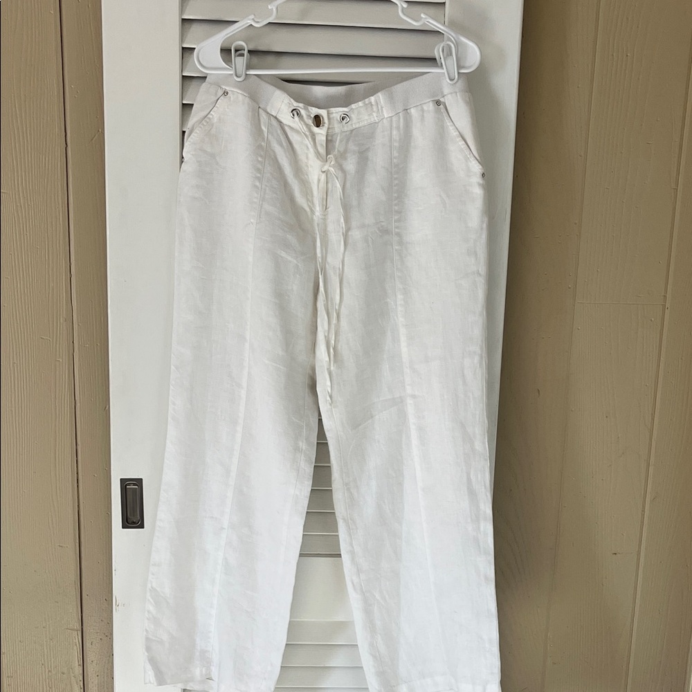JM Collection White Linen Wide leg Drawstring Pants